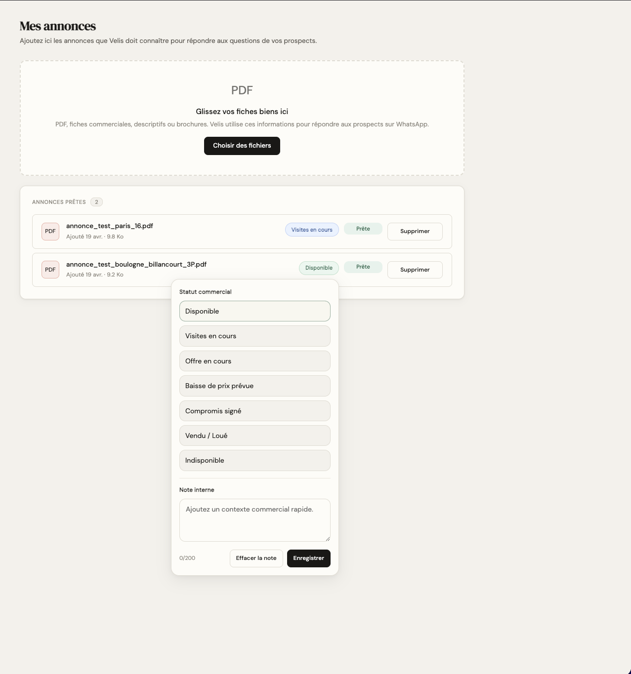 Mes documents : import des annonces en PDF dans le dashboard Velis